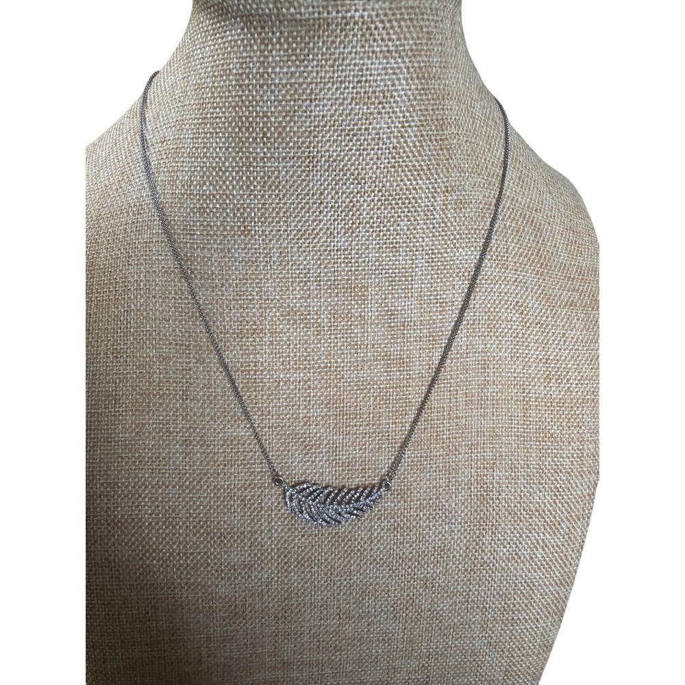 Silver Tone Rhinestone Feather Pendant Necklace Adjustable Chain 19 Inch‎